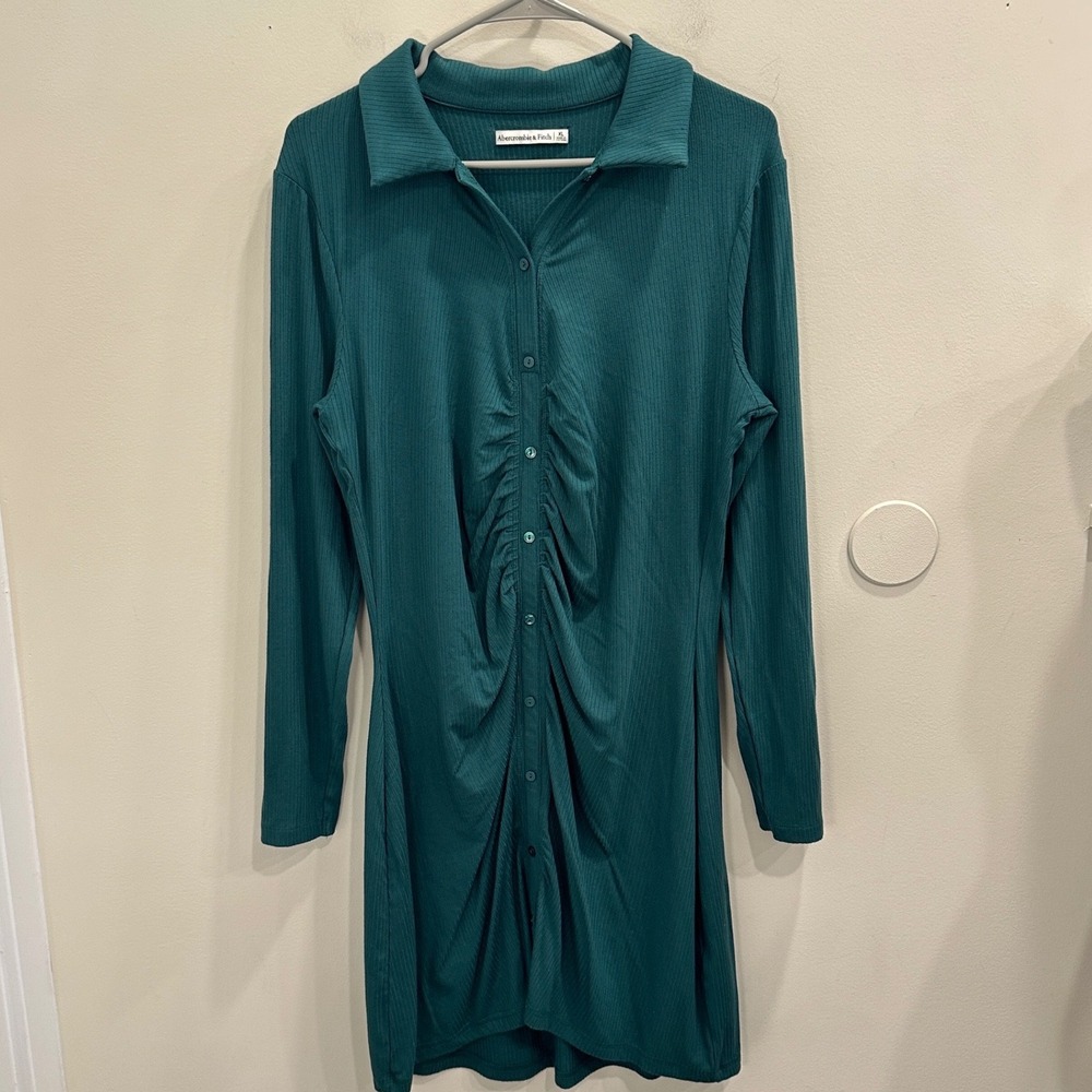 Abercrombie & Fitch Emerald Green Ribbed Ruched Long Sleeve Mini Shirt Dress XL
